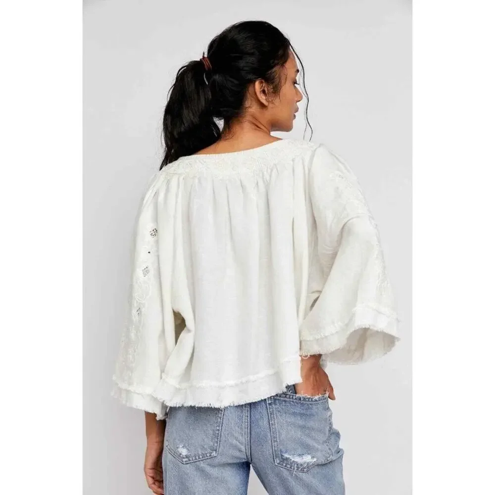 Free People Sun Valley Embroidered Top XS Ivory Boho Indie Festival Style